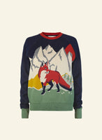 The BUTIK KUBIK Palava Fred jumper navy alpine fox is an organic cotton knit featuring a red fox on grass, with snowy mountains and trees in the background. It includes green cuffs and hem, plus a red collar for stylish, ethical fashion.