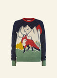 The BUTIK KUBIK Palava Fred jumper navy alpine fox is an organic cotton knit featuring a red fox on grass, with snowy mountains and trees in the background. It includes green cuffs and hem, plus a red collar for stylish, ethical fashion.