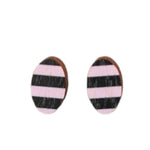 The Törmi earrings Juova pink/black, designed by BUTIK KUBIK, feature a striking pink and black striped pattern on Finnish Birch plywood. These oval-shaped earrings arrive in eco-friendly packaging, showcasing a commitment to sustainability.