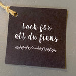 The Tack för att du finns card from BUTIK KUBIK features a black square tag with a jutesnöre loop, white handwritten Swedish text meaning thank you for existing, and a branch design. It has an elegant vit baksida, making it perfect for any presentkort.