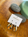 A pair of Essmoo earrings by BUTIK KUBIK, featuring orange and black butterfly wing designs, are displayed on a wooden surface beside smooth gray stones and a green object. The earrings hang from a card labeled madebyessmoo.