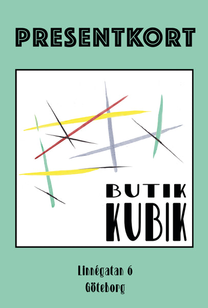 The mint green Gift card 2000 SEK from BUTIK KUBIK features "PRESENTKORT" on top, abstract lines, our name, and Linnégatan 6, Gothenburg—ideal for use in-store or on the webshop.