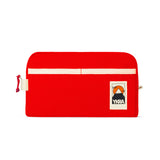 The YKRA Dopp pack Red from BUTIK KUBIK is a bright red rectangular cotton toiletry bag with a white stripe, side loop, and a mountain patch labeled YKRA—ideal for organizing your travel essentials.
