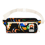 The YKRA Fanny pack MAGIC SEALIFE by BUTIK KUBIK is a black cotton canvas fanny pack with a white strap, showcasing an abstract pattern in orange, blue, green, and white. It features the YKRA mountain logo on the front next to a zippered pocket.