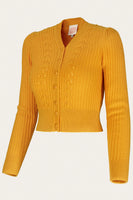 Introducing the Emmy - The Scandi Summer Cardi in turmeric by BUTIK KUBIK: a vibrant yellow merino wool cardigan with a V-neck, classic cable-knit pattern, and long sleeves. This vintage-inspired piece features ribbed hem and cuffs, plus a button-up front. Displayed on a plain background.